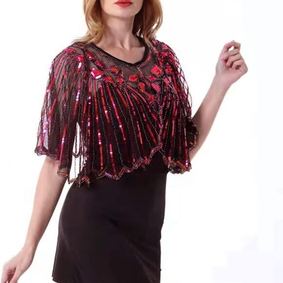 Women's Beaded Sequin Wrap Shawl 1920s Flapper Cape for Evening Parties - Picture 1 of 6